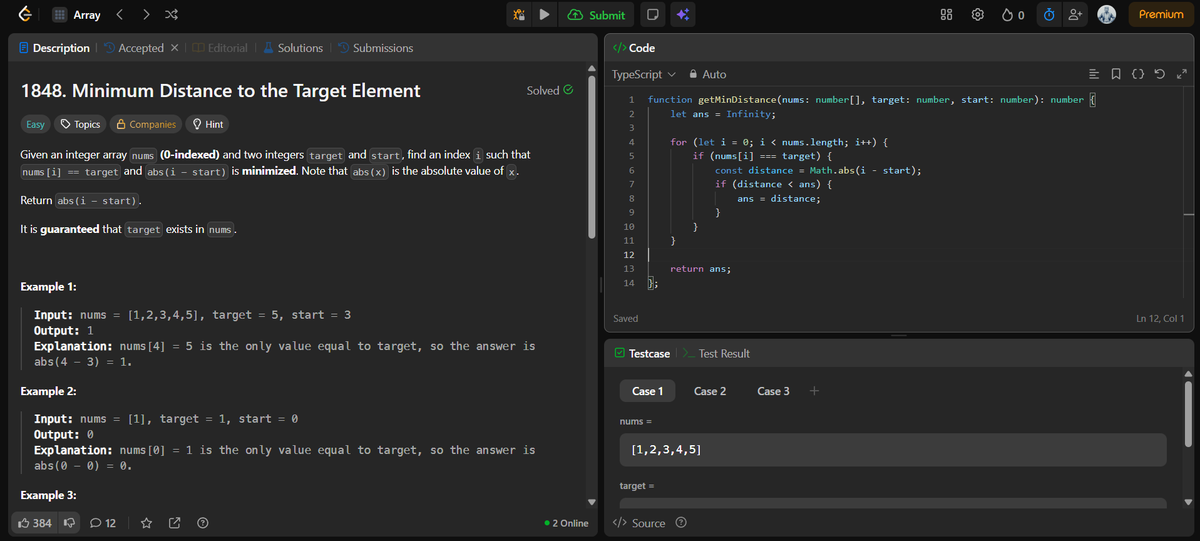 jitesh_mern_dev's tweet image. Day 7 of my LeetCode Grind
Today’s problem: Minimum Distance to the Target Element
Simple but satisfying one - just had to loop through the array, check for target matches, and calculate the min dis
#LeetCodeDailyGrind #100DaysOfCode #MERN #JavaScript #ProblemSolving #LeetCode