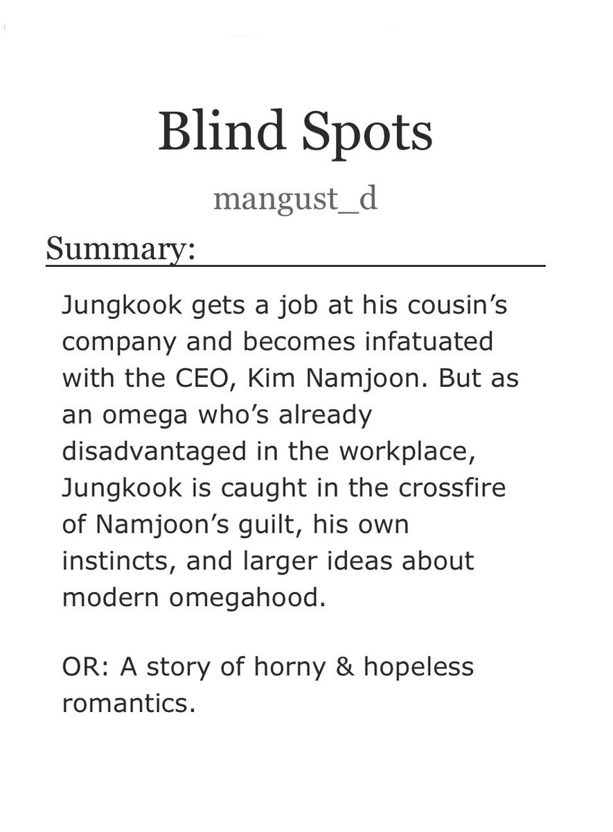 📌 Blind Spots

• Namkook
• 27.4k – rated E
• A/B/O
     ↳ Bio D/s elements
• Workplace romance
• Neurodivergent JK

📌 Link below!