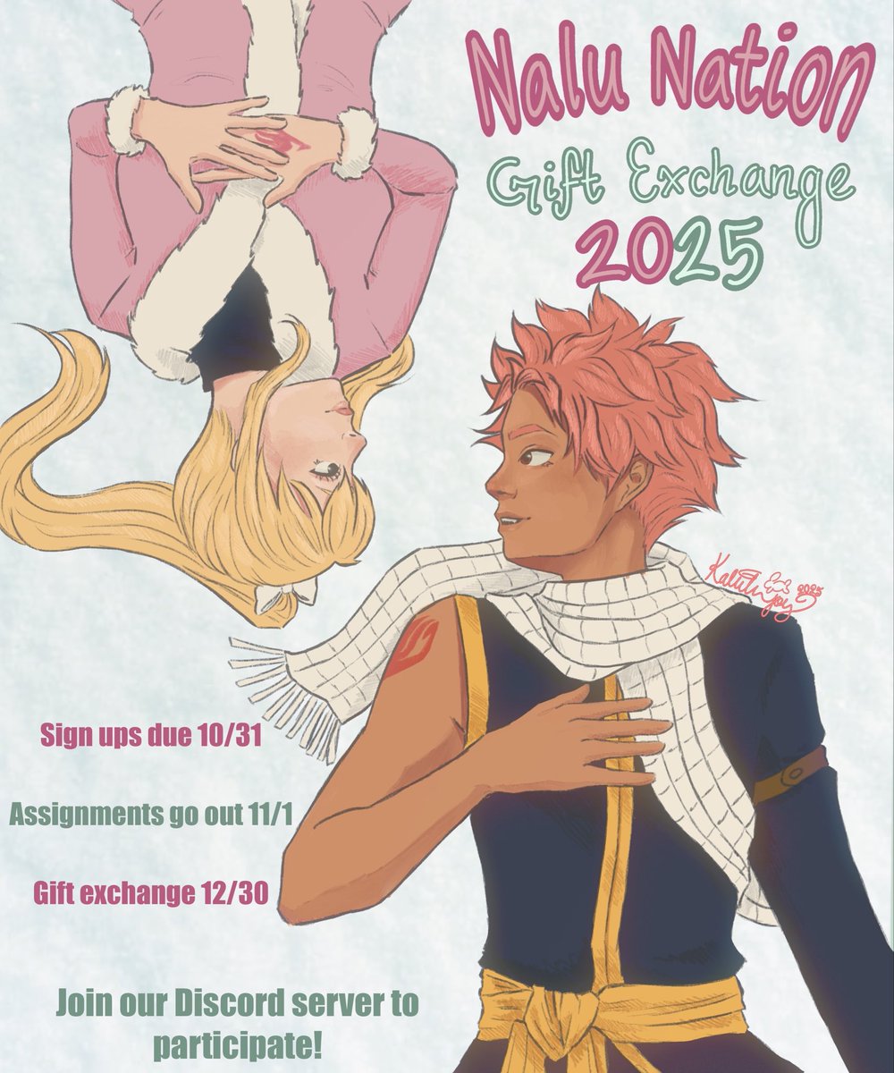 KaleighKarma's tweet photo. Uhhh once again I am just using my personal to promote this but the #nalu nation discord server is hosting a gift exchange if anyone would like to join (must be in the discord)! Thank you to kaleilaart for the banner! https://t.co/NDevVuzjSy https://t.co/ZQf8xL4YVf