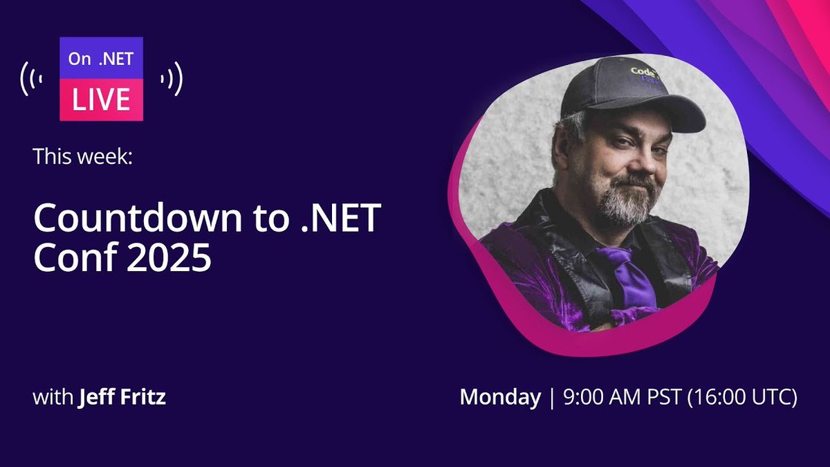 dotnet's tweet image. ➡️ TODAY at 9AM PT ON .NET!! ⬅️
Let's talk about .NET Conf 2025. The keynote, the .NET 10 release, some of the sessions for the event, the ways viewers can participate and more.
Tune in LIVE 👉 msft.it/6014sN55Y
#dotNETConf