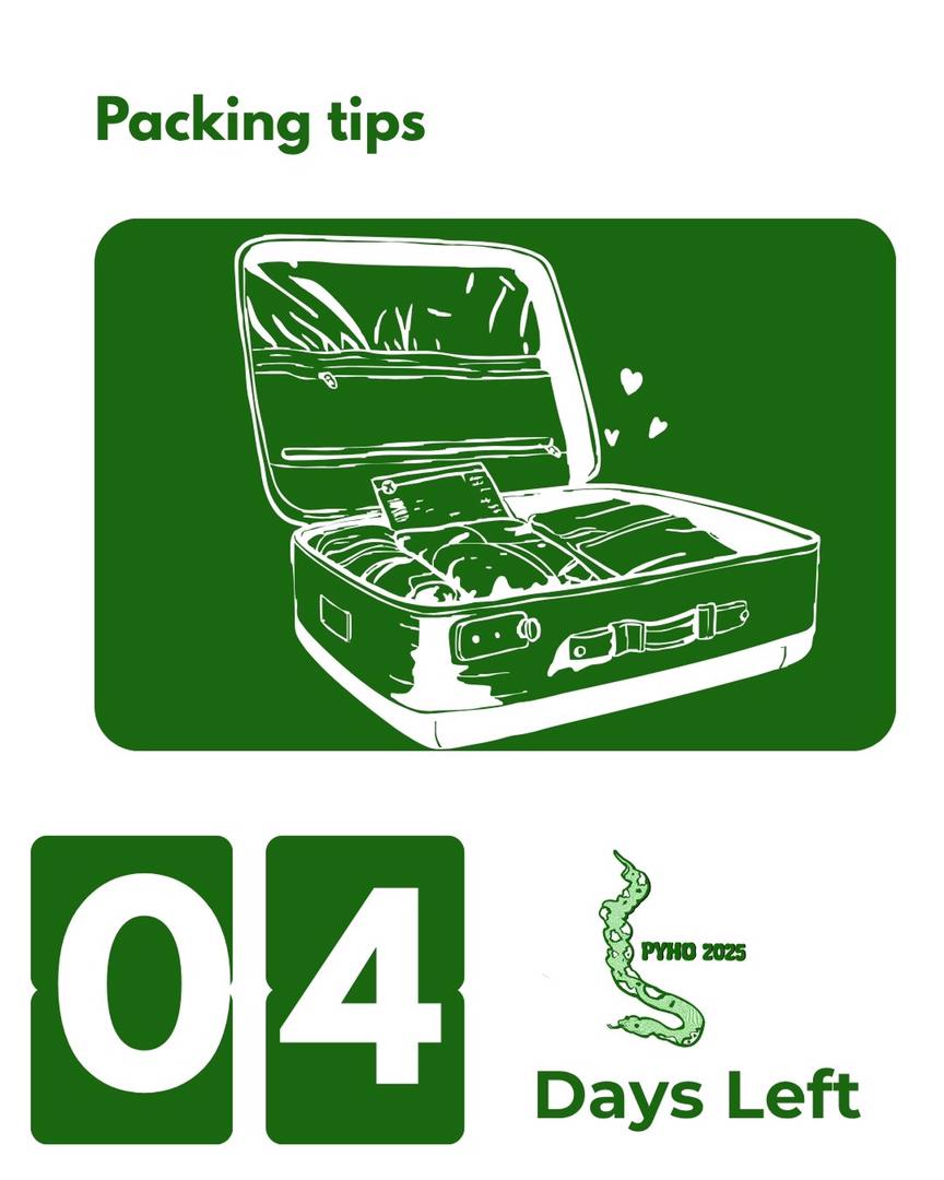 PythonHo's tweet image. 4 DAYS TO GO! 🎒✈️
! Here's your essential packing list:
👕 Comfortable clothes & layers
💻 Laptop + Charger
📓 Notebook & Pen
🔋 Power Bank
💧 Water Bottle
😊 An open mind & readiness to connect!
What did we miss?
#PyHo2025 #PackingTips #4DaysToGo #PythonCommunity