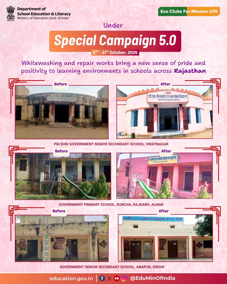 EduMinOfIndia's tweet image. Through dedicated whitewashing and repair works under #SpecialCampaign5.0, schools in Rajasthan are undergoing a remarkable transformation. Freshly painted walls, repaired roofs and well-maintained classrooms are ensuring that learning spaces are clean and conducive to school…