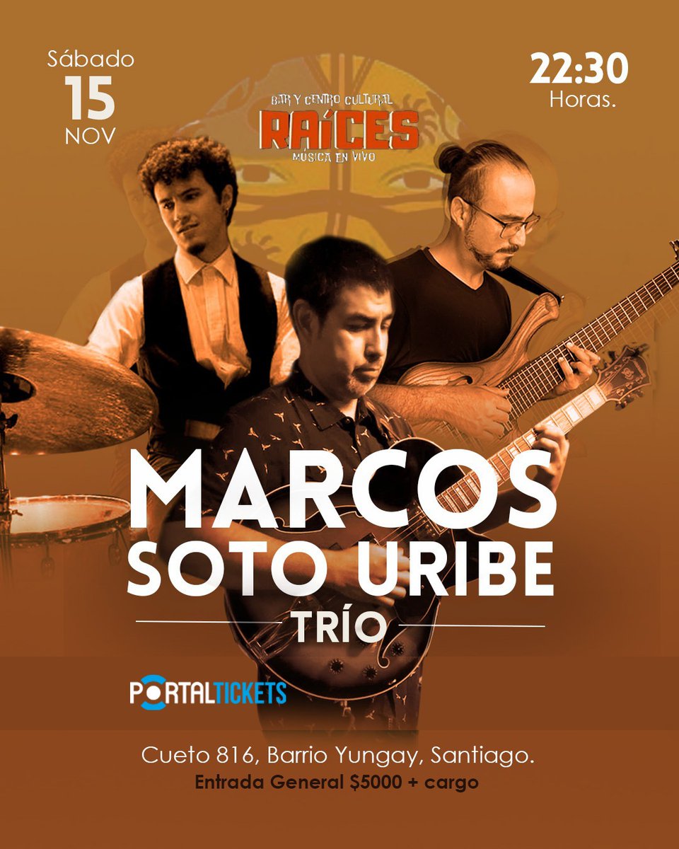 MarcosSotoUribe's tweet photo. ¡ Próximo Show !  Sábado 15/11 a  las 22:30 horas en el "Bar Raices". Cueto 816, Barrio Yungay, Santiago. Valor Entrada $5.000 + Cargo.

En Bajo y Contrabajo Diego Vera.
En Batería Benjamín Gómez.

Ventas  a través de portaltickets ✨️✌️🙂‍↔️

Los esperamos ✨️🎼🎶🎵🎸🥁✨️ https://t.co/ZrRWKzqShW