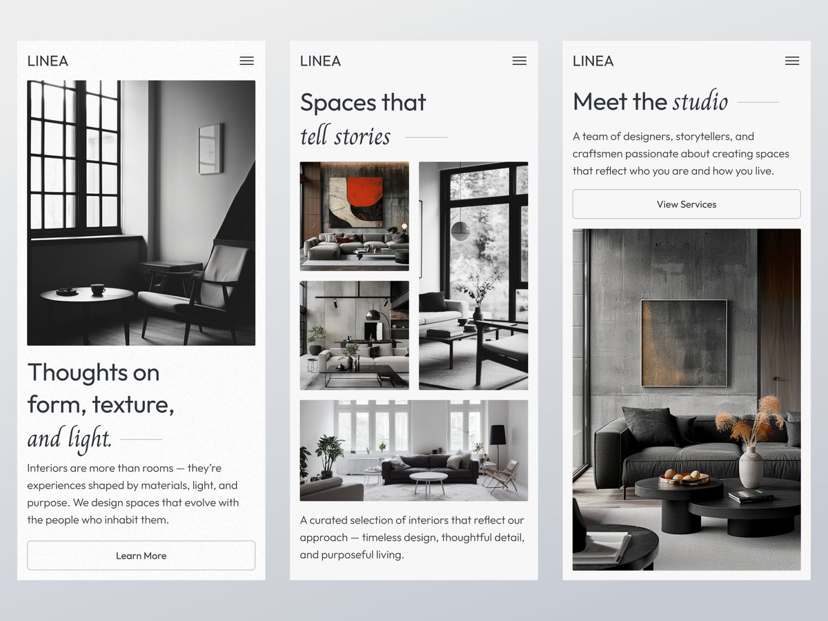 miawmiawstudio's tweet image. Linea - Interior Studio Website

dribbble.com/shots/26655553…

A clean and elegant mobile web concept for an interior design studio that blends minimal aesthetics with storytelling.

#webdesign #mobiledesign #mobileinteraction #homepage #companyprofile #uiux #miawmiaw #miawmiawuiux