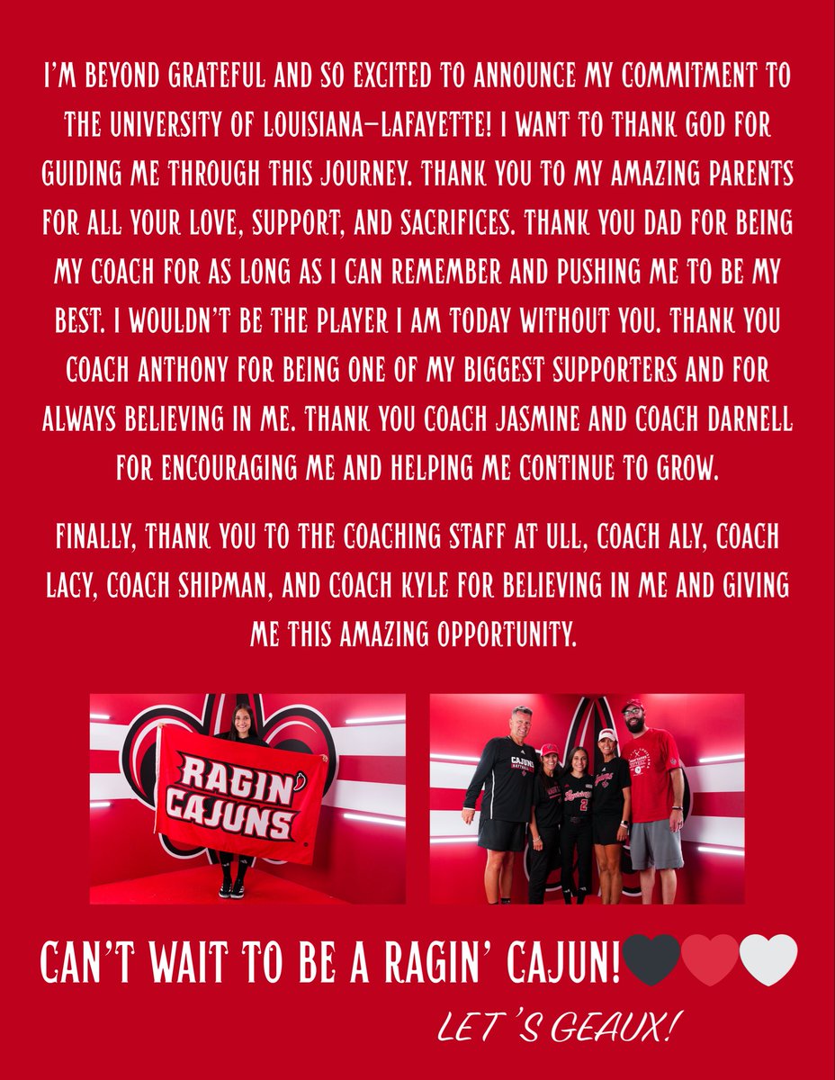 hayliej2026's tweet image. Wasn’t born on but found my 🏠 down on the Bayou! Excited to announce my commitment to @CoachAlyHab & the @RaginCajunsSB program.
“Laissez les bons temps rouler.”
@UnityCoachJosh @VAUnitySB @UnityBlackwell @CoachJRB__ @UnityJohnsonVB @AnthonyBocchin4
@bshipman44 @LacyPrejean