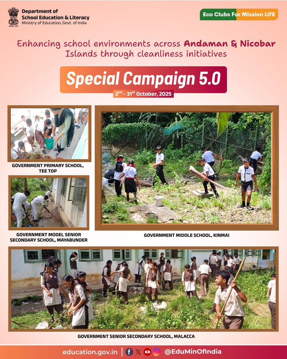 EduMinOfIndia's tweet image. Schools across Andaman & Nicobar Islands are embracing a cleaner, healthier environment under #SpecialCampaign5.0, where cleanliness drives are creating a cheerful environment that motivates school students to learn and teachers to teach with renewed energy.
This transformation…