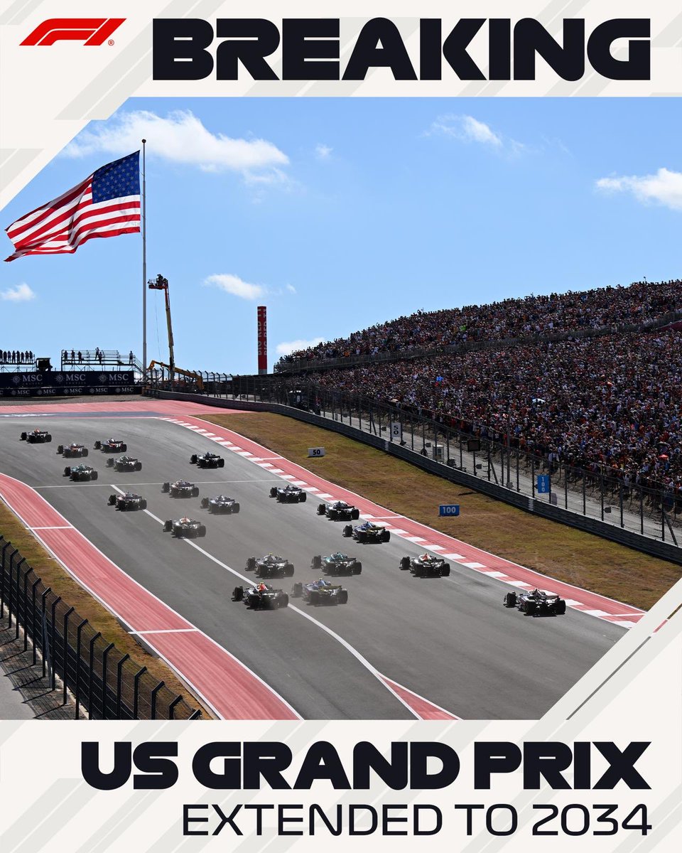 COTA's tweet image. BREAKING NEWS: The United States Grand Prix at COTA will remain on the calendar through to 2034! 🇺🇸