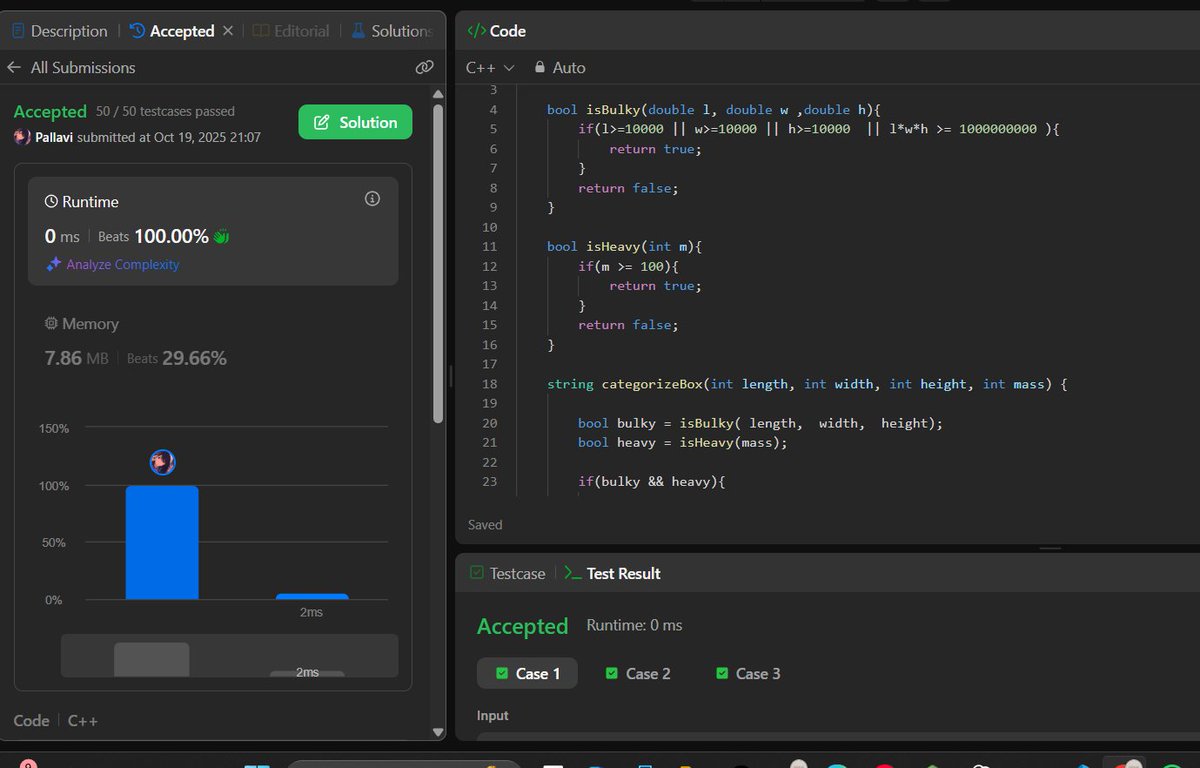 pallavicodes's tweet image. Day 71 of #100daysOfCode
LeetCode 2525 - Categorize Box According to Criteria
This problem is the best way to truly understand conditional statements — not just by theory, but by writing clean decision logic like this
#LeetCode #DSA #CPP