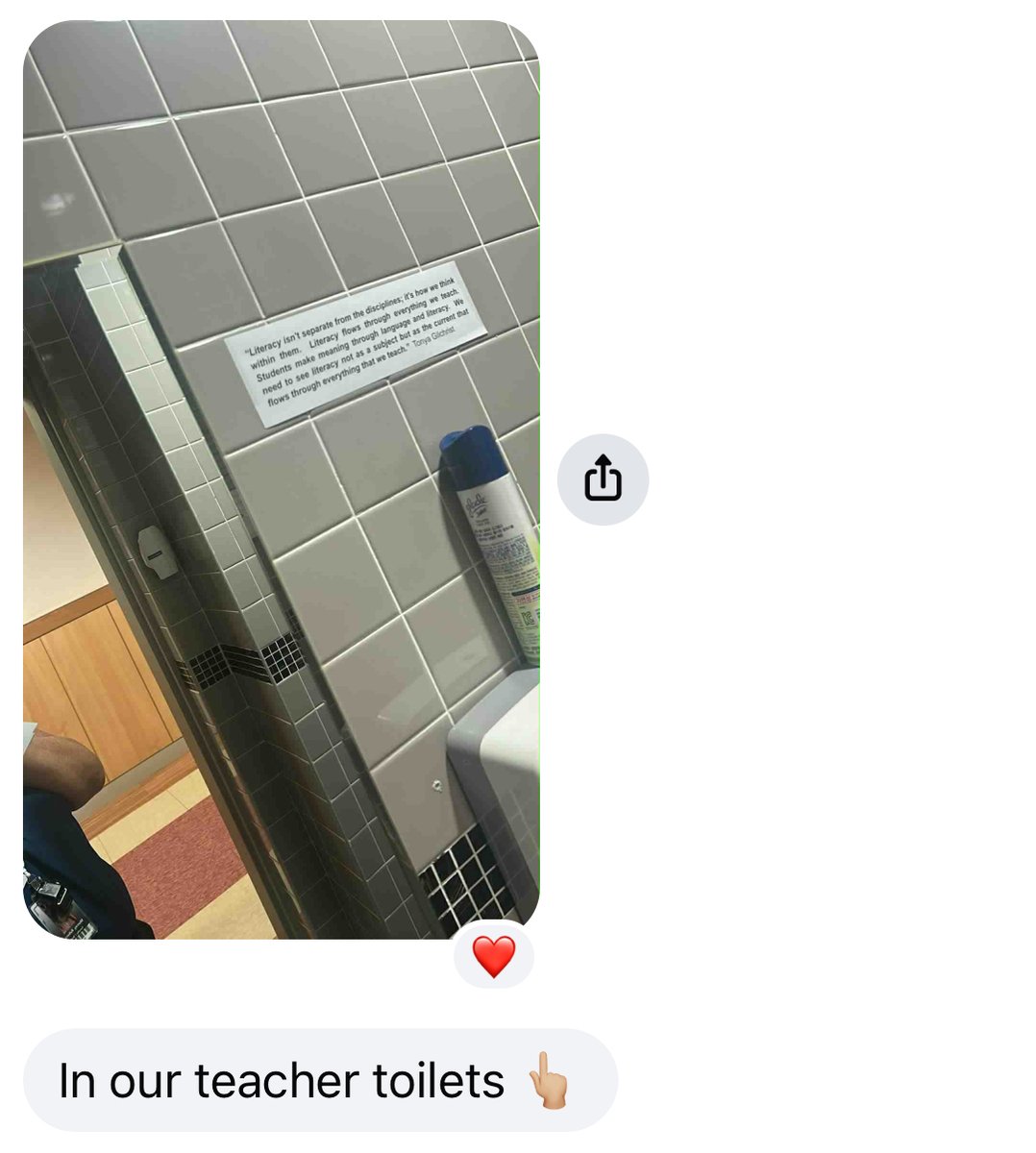 Mrs_Gilchrist's tweet photo. A lit. coach in Seoul shared this: Tiny Shift 6 in the teachers’ restroom!
“...We need to see literacy not as a subject, but as the current that flows through everything we teach.”
I love that this message is literally part of the daily current of school life. 🌊😉
#just4you https://t.co/f6sL24dkqx