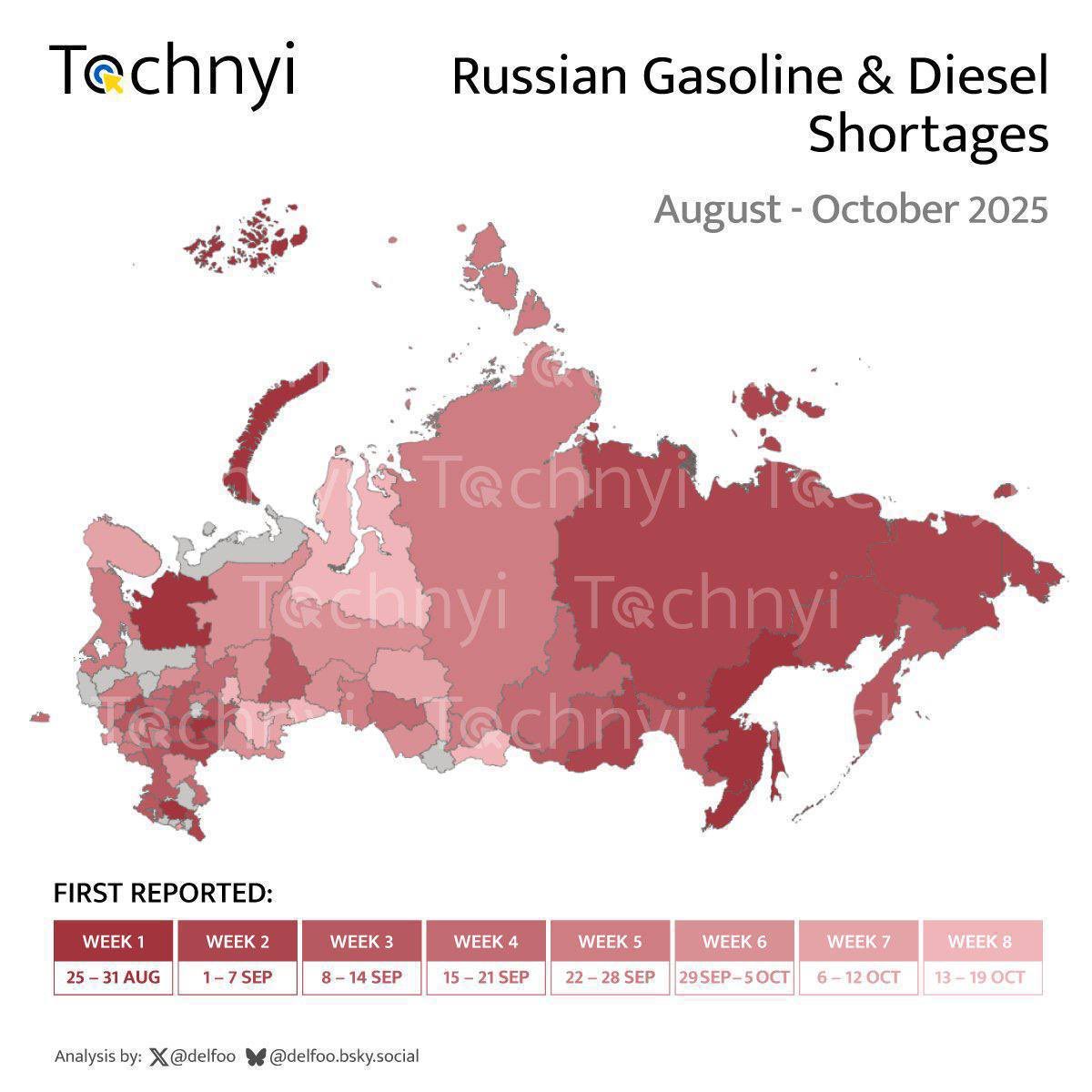 Fuel disruptions recorded in 84% of Russian regions

A map from <a href="/tochnyi/">Tochnyi</a> has been published - online showing regions where there is a shortage of gasoline and diesel fuel. It indicates regions where one or several types of fuel are missing at gas stations.