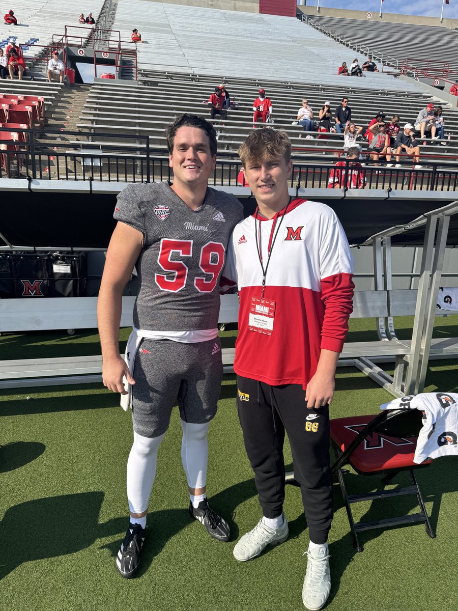 BrooksKosin88's tweet photo. Had a great time down @MiamiOHFootball thank you @aylward_johnny for the invite. Great to see the game day energy and atmosphere. Can’t wait to be back on campus #LoveandHonor. @ClarkstonWolves @HKA_Tanalski @KohlsSnapping. https://t.co/W3OejeUoRQ