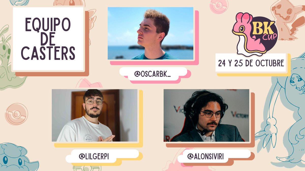 Os presento al equipo de casteo de la #BKCup 👀

A partir de las 17:30 del 24 de Octubre <a href="/LilGerpi/">LilGerpi</a> <a href="/Alonsiviri/">Alonsiviri</a> y yo mismo empezaremos con los partidos del suizo 🔥

(Vaya carro nos va a meter Alonsiviri, no se castear Pokémon)