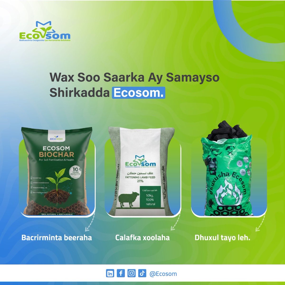 Wax soo saarka ay samayso shirkadda Ecosom

#Ecosom #briquette #Biochar #livestockfeed  #environment #greengrowth #cleancooking