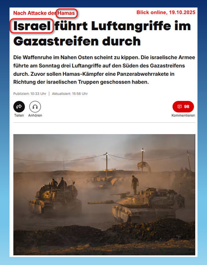 Das nenne ich tendentiöse Berichterstattung: Warum nicht gross ‹HAMAS BRICHT WAFFENRUHE› und klein ‹Israel antwortet mit Luftangriffen›? - #Israel #Hamas