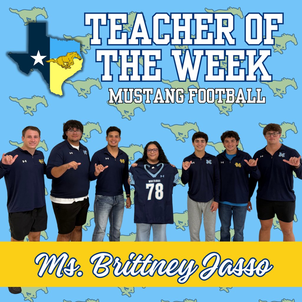 🩵🎉 Mustang Football Teacher of the Week! 🎉💛
Congratulations, Ms. Jasso, on being named our Mustang Football Teacher of the Week! Your dedication and passion make a lasting impact every single day. 
#1PRIDE