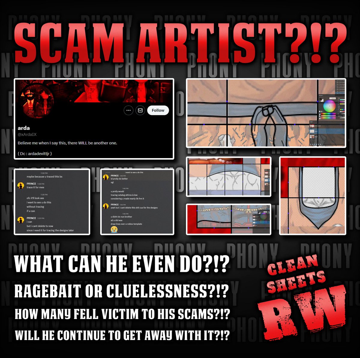 The ro-wrestler, Arda, known for STEALING designs, SCAMMING kids, AND making half-assed wrestling gear, ADMITS to artistic forgery by TRACING other people's work to profit off of‼️😬

Where is his self awareness⁉️🤔

Are his customers stupid⁉️🤣

How long can he keep this up⁉️👀