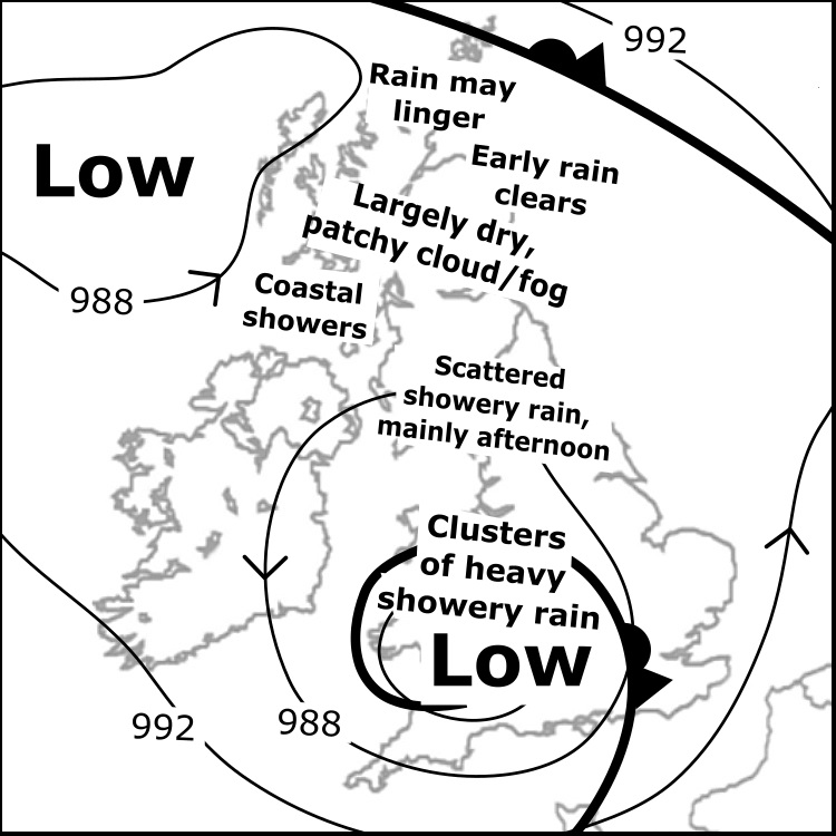 Mon 20/10: Much of the Highlands dry all day with light winds; varied banks of cloud may linger. Local showers near west coast. Bursts of rain for Wales, more persistent south, extend increasingly into Peak Dist. Local showers possible N Eng &amp; S Scot, areas of cloud over hills.
