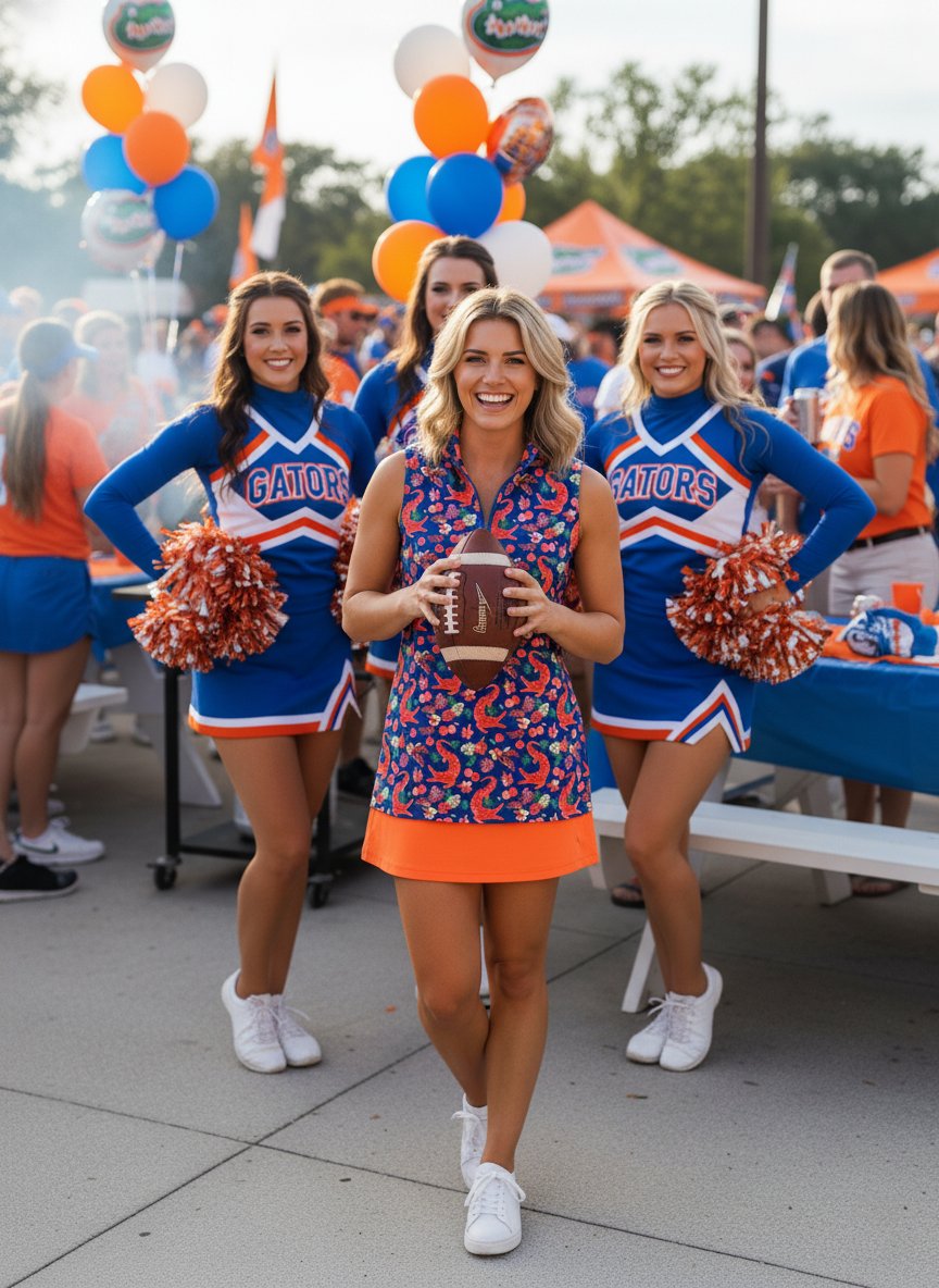 🐊💙🧡 When it’s **Game Time in Gainesville!** our vibrant **Game Time Gators print** brings all the energy of The Swamp to your tailgate style! From kickoff to the final whistle, stand out in spirited orange and blue fashion that’s **Made in the USA** and **available exclusively