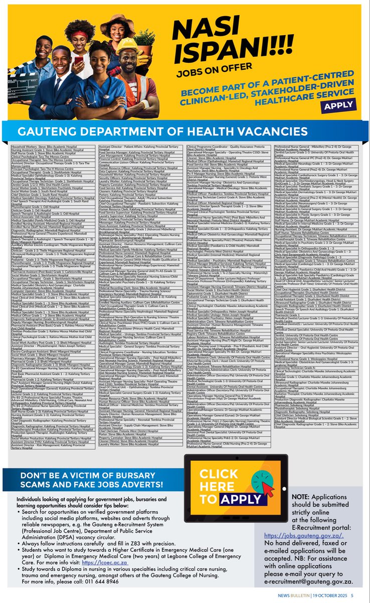 GautengHealth's tweet photo. 🚨 Nasi Ispani Alert! 🚨

The Gauteng Department of Health is hiring across its healthcare facilities!Positions available for nurses, doctors, pharmacists, psychologists, admin officers & more.

Register and apply here: https://t.co/lp2YpmMfTv

#AsibeHealthyGP #NasiIspani #GrowingGautengTogether