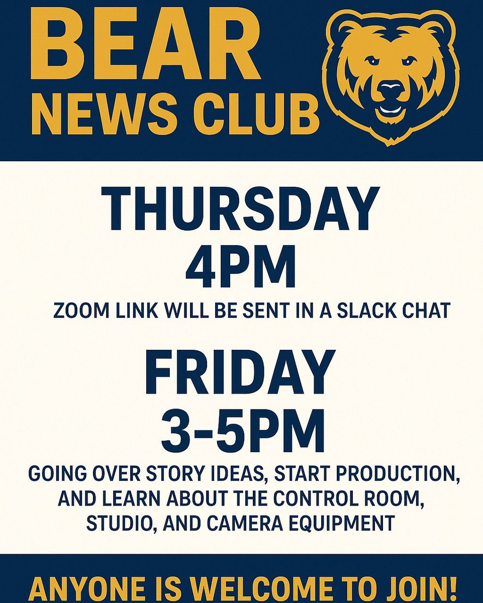CALLING ALL BEARS INTERESTED IN JOURNALISM!!
Bear news club will be meeting today in Candelaria room 1315. If you're interested in journalism, making videos, telling stories, or just being around good people then this club is for you. Doors open at 3, see you then!