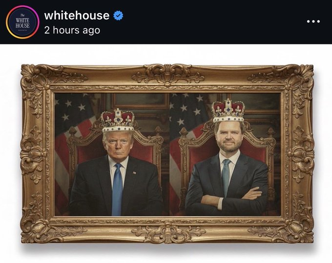 RockPaper_Sista's tweet photo. House Republicans find nothing wrong with this post from the White House declaring Trump and Vance to be royalty or the post of Trump wearing a crown while dumping shit on his political opposition. #25thAmendmentNow #25th47Now #DumpTrump https://t.co/pD6l2s6GBF