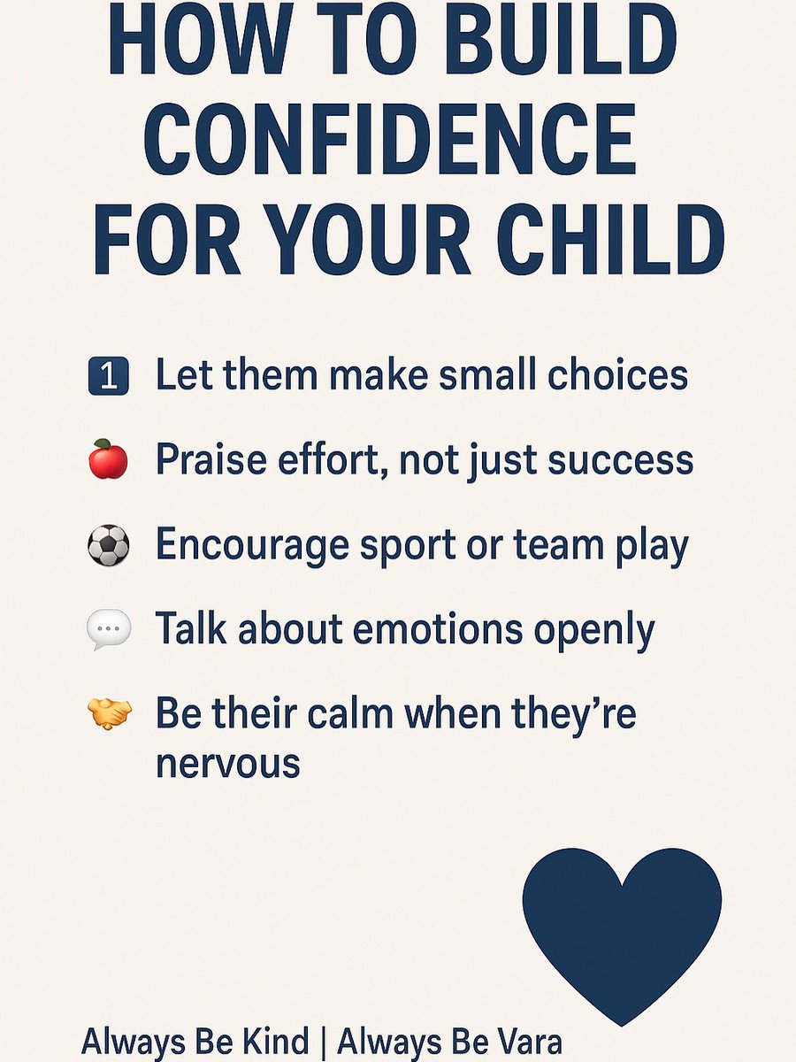 💙 How to Build Confidence for Your Child 💙

Confidence isn’t born, it’s built 🌱

👏 Praise effort, not just success
⚽ Encourage sport + teamwork
💬 Talk about emotions
🤝 Be their calm when they’re nervous

Small wins today = brave hearts tomorrow 💪
#AlwaysBeKind #VaraSports
