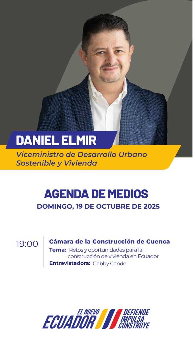 #MITEnMedios | El viceministro de Desarrollo Urbano Sostenible y Vivienda, <a href="/WDELMIR/">Daniel Elmir :.</a>, participará en una entrevista este 19 de octubre de 2025, donde abordará temas sobre la construcción en el Ecuador y su impacto en el desarrollo urbano y social del país.

📻 19h00 | Cámara de la