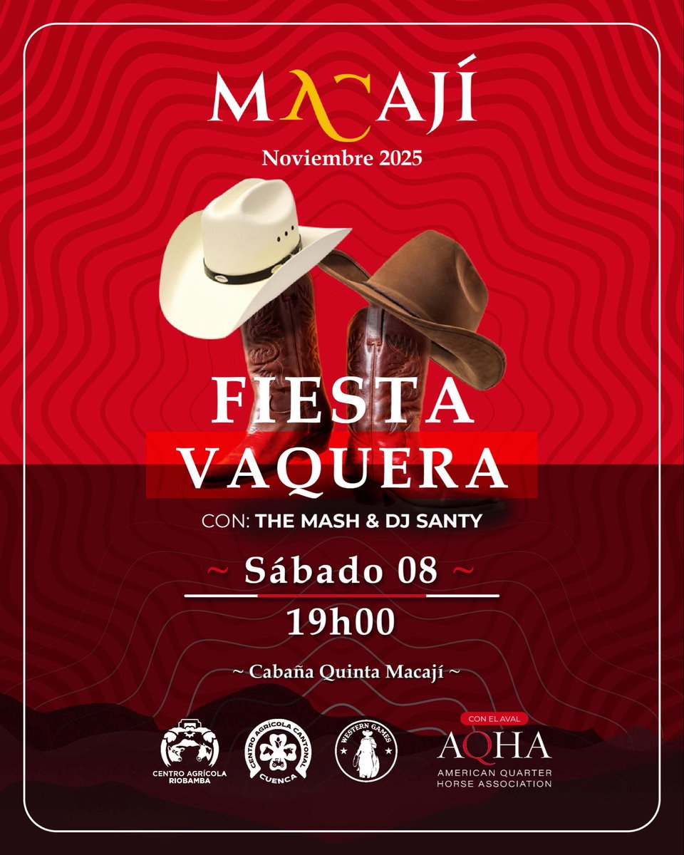 ¡La noche más esperada llega a Macají!

Este sábado #8Nov  19h00, la #QuintaMacají se viste de botas y sombreros para vivir la gran Fiesta Vaquera

Música en vivo con #TheMash y DJ Santy, ambiente western, buena comida y la mejor energía de noviembre

#CuartoDeMillaEcuador #AQHA