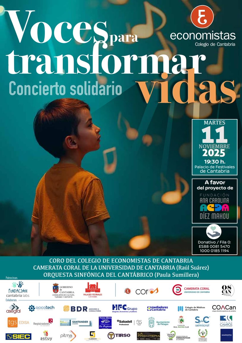 El Programa de Responsabilidad Social del Colegio de Economistas organiza un concierto a favor de la Fundación Ana Carolina Díez-Mahou que trata a niños y niñas con enfermedades raras. Noventa voces y una orquesta de 40 músicos en un programa de música rock-pop en <a href="/PFCantabria/">Palacio de Festivales de Cantabria</a>
