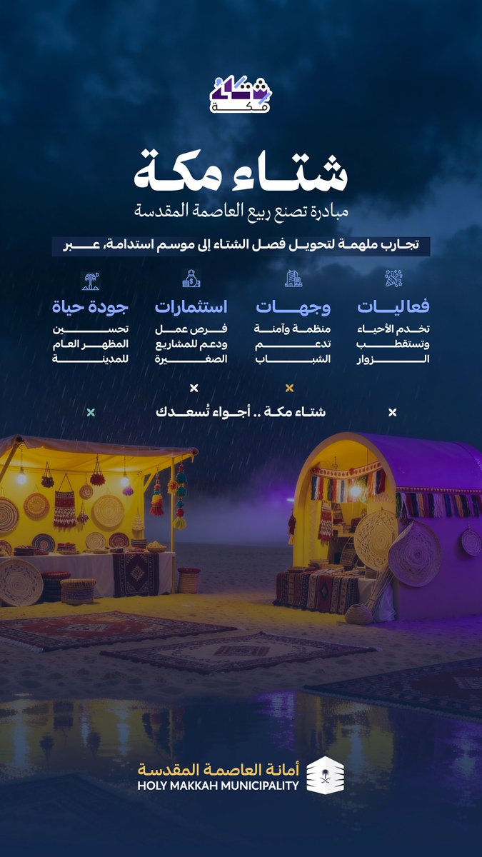 #شتاء_مكة |
مبادرة نوعية لتحويل الموسم الشتوي في #العاصمة_المقدسة إلى تجربةٍ منظمةٍ وآمنة، تدعم المستثمرين وتوفر بيئة ترفيهية وسياحية متكاملة.