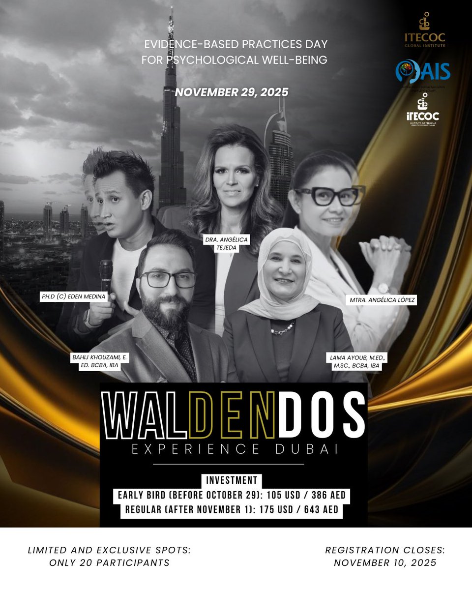 𝑾𝒂𝒍𝒅𝒆𝒏 𝑫𝒐𝒔 𝑬𝒙𝒑𝒆𝒓𝒊𝒆𝒏𝒄𝒆 arrives in DubaiITECOC, Autism  Intervention Specialists (Dubai) and ITECOC Global Institute join forces to create a unique international gathering that brings together evidence.

📱Limited seats available: wa.link/aeacw4