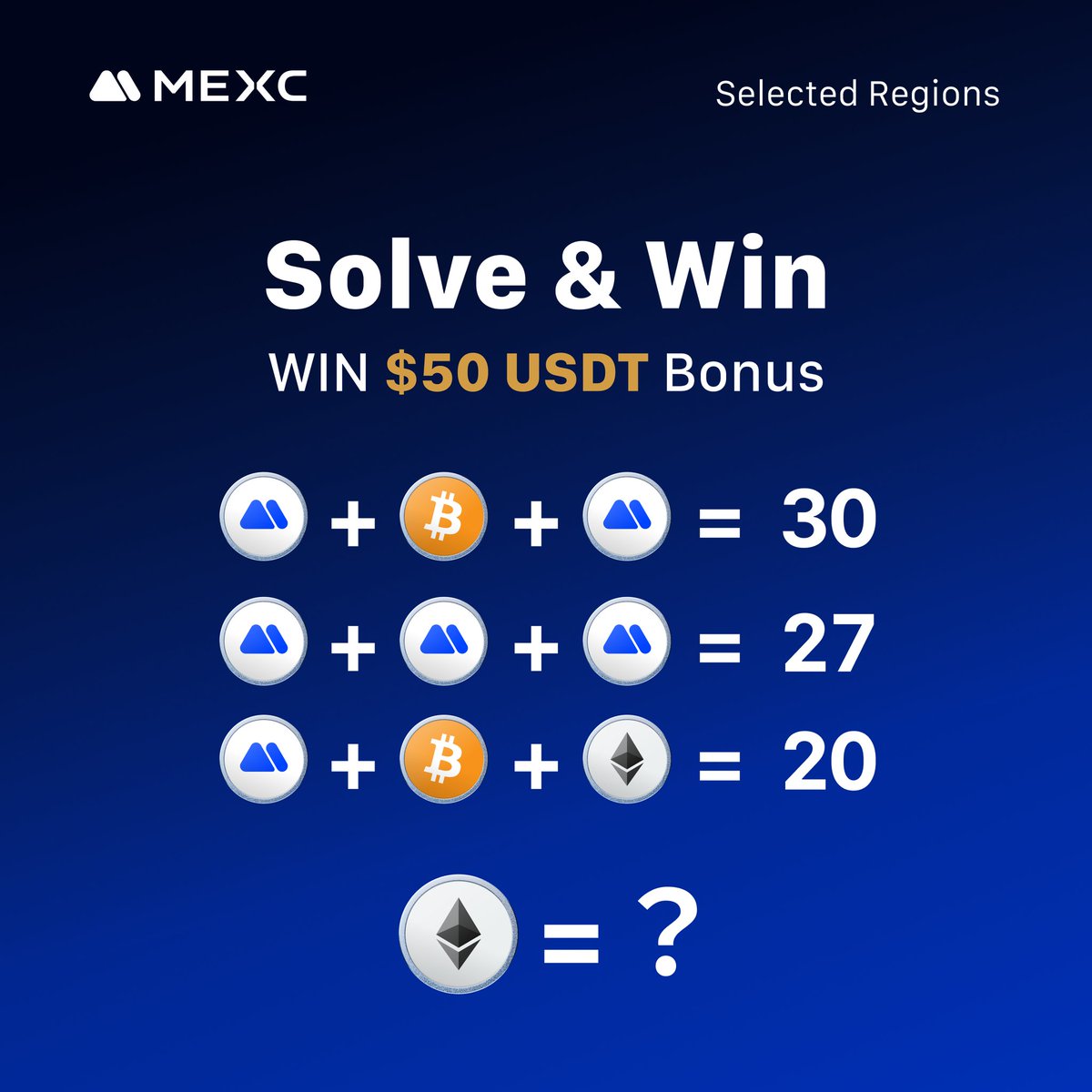 MEXC_BD's tweet image. 🎯 Solve & Win Challenge! 🎯
Think you’ve got what it takes? 🧠💥
Solve the crypto puzzle below and stand a chance to WIN $50 USDT Bonus! 💰
👇 Equation 👇
🪙 + ₿ + 🪙 = 30
🪙 + 🪙 + 🪙 = 27
🪙 + ₿ + Ξ = 20
So... Ξ = ? 🤔
Drop your answer in the comments ⬇️
Let’s see who’s…