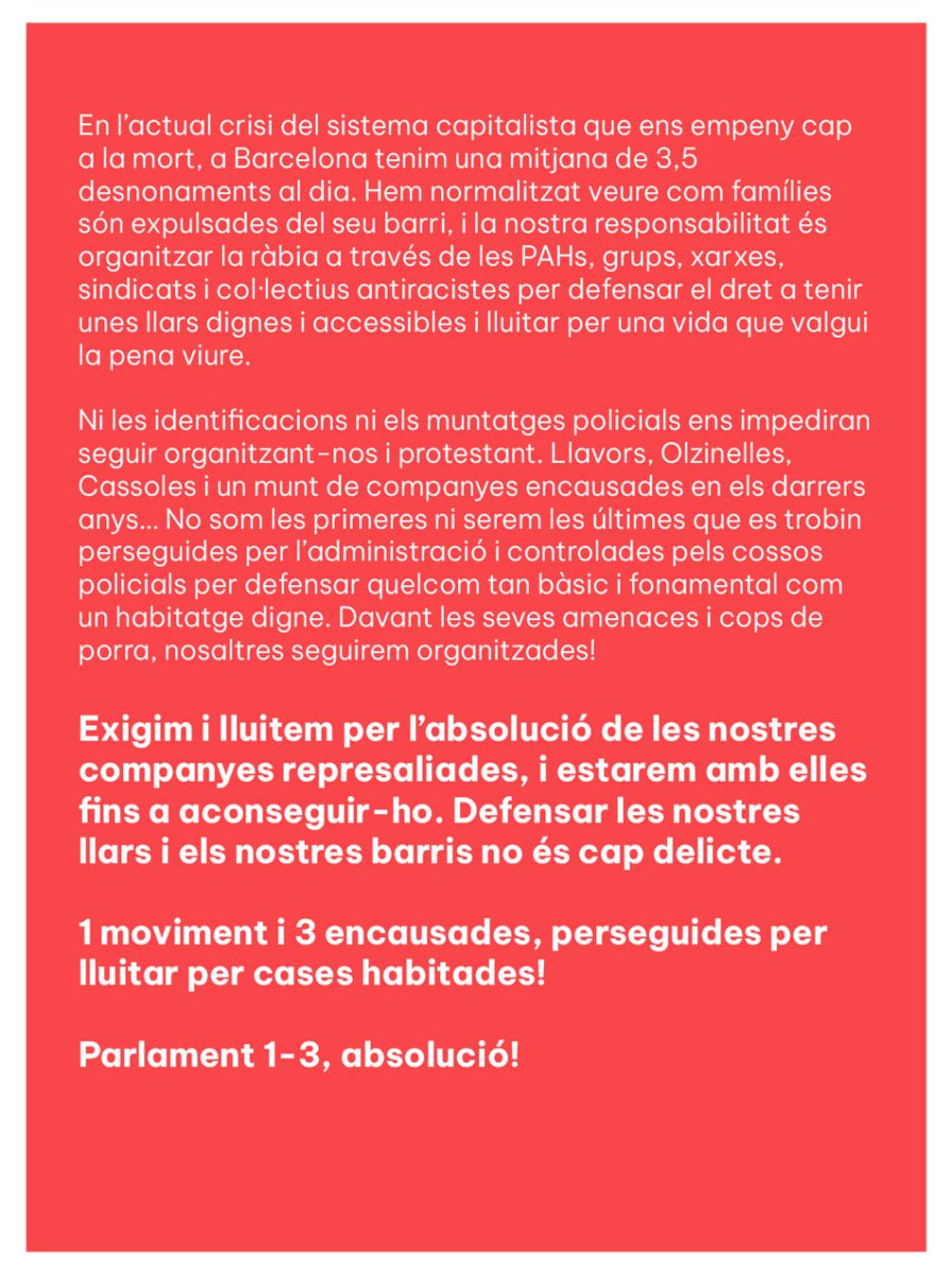 ¿Qui som el grup de suport Parlament 1-3? 🏠
¿Què va passar el 28 de setembre de 2023?🔥
Llegeix el nostre manifest: