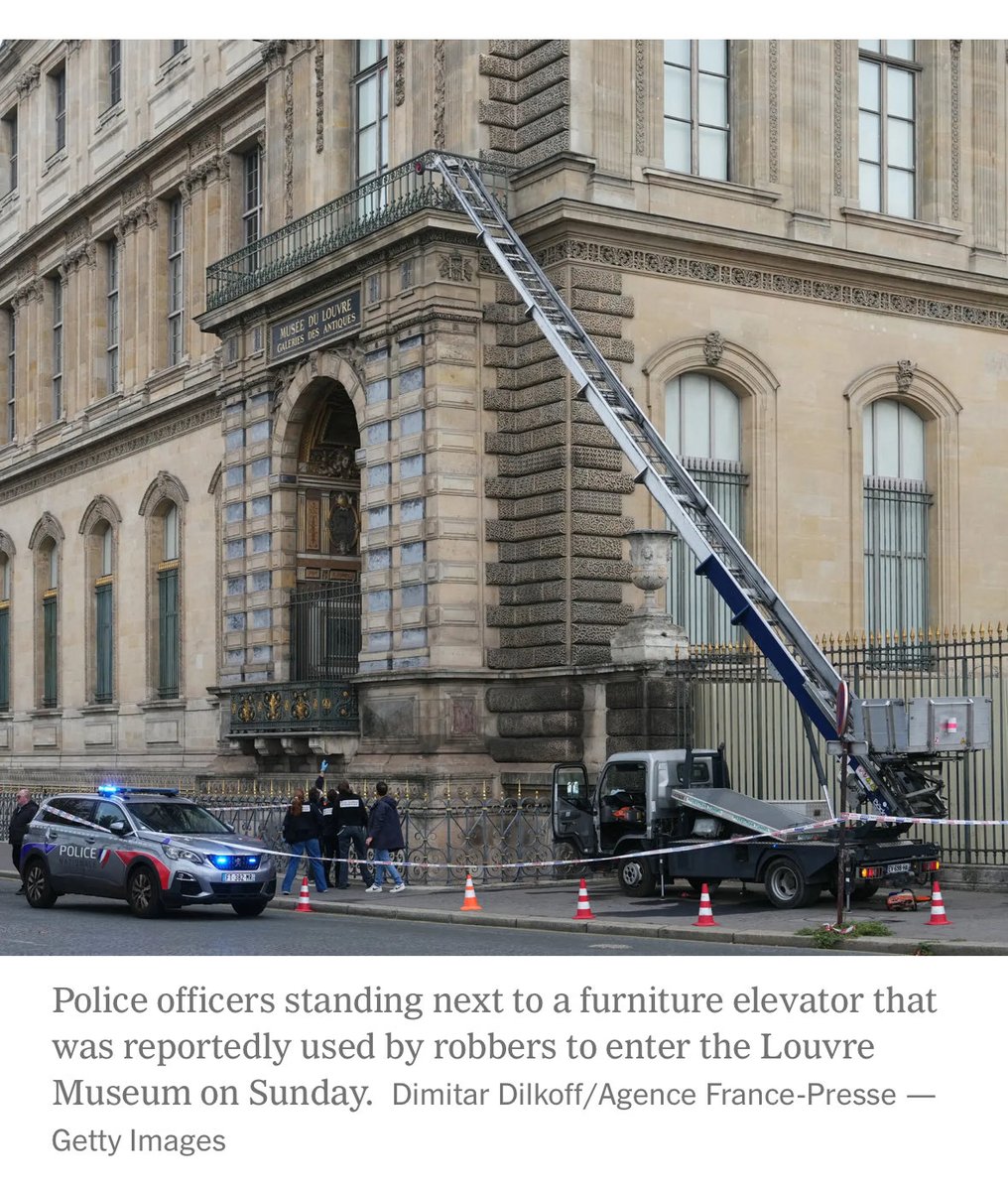 devahaz's tweet image. Wild that you can just back a truck and ladder up to the Louvre and steal the Crown Jewels of France