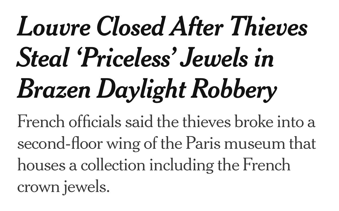 devahaz's tweet image. Wild that you can just back a truck and ladder up to the Louvre and steal the Crown Jewels of France