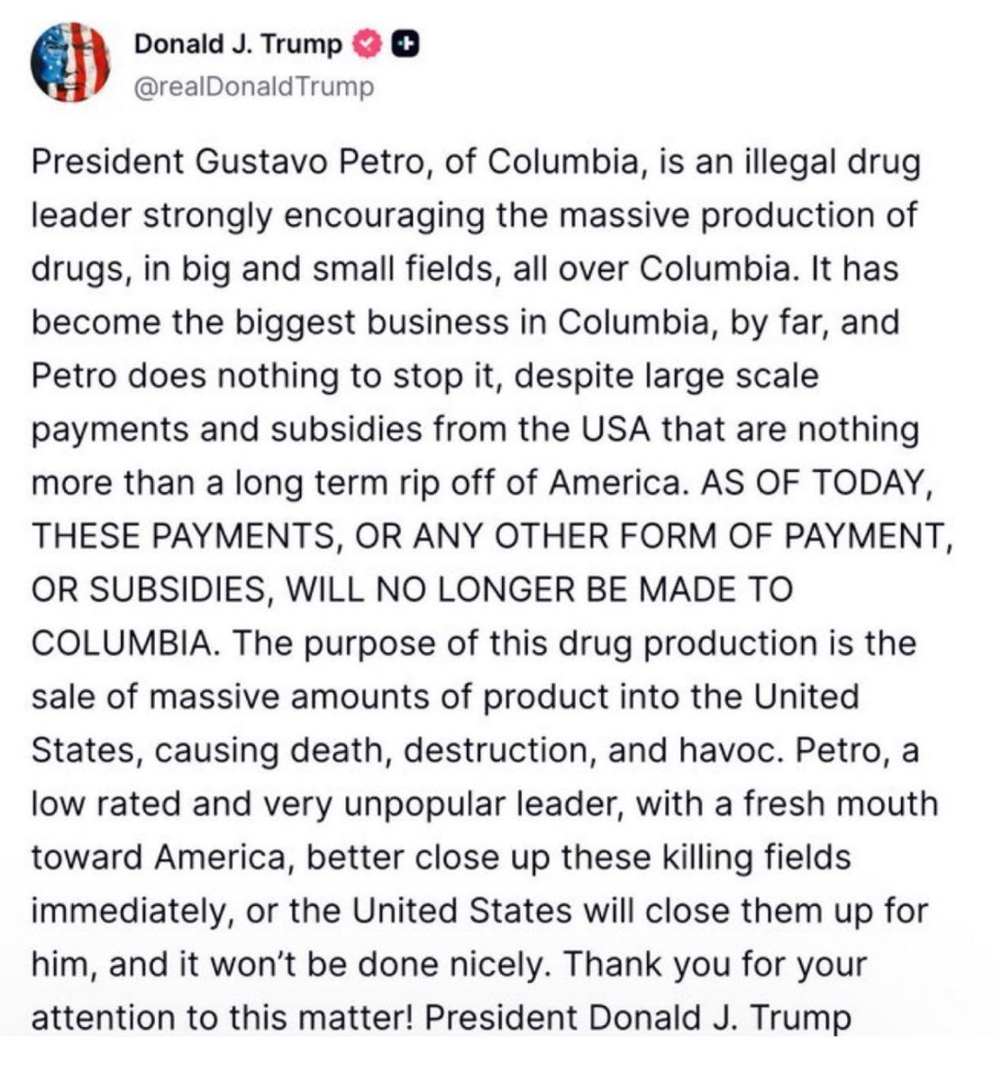 El colapso de Colombia en el escenario mundial se debe a un solo hombre: <a href="/petrogustavo/">Gustavo Petro</a>. 

¿Cómo podemos ser respetados como nación cuando la criminalidad, las pandillas, el narcotráfico controlan nuestras calles y campos? El Estado de derecho es lo que gobierna a Colombia. Petro