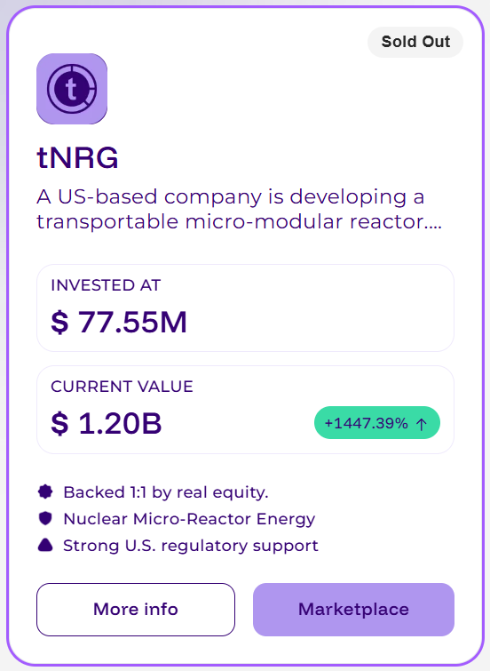 wlthxyz's tweet photo. Nuclear energy just delivered +1447%.
A $77M entry for early investors in tNRG has grown to $1.2B.

That’s the kind of private market access WLTH brings.
Real world assets. Real world access.

🛒 Get access to tNRG in the WLTH Marketplace. https://t.co/eZah8ZNR7y