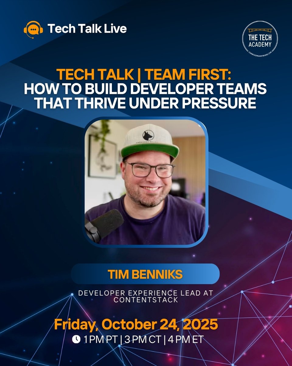 TheTechAcad's tweet image. LIVE this Fri! 🚀 Learn how to build dev teams that thrive under pressure with Tim Benniks. Real talk. Real tips. Don’t miss out!👉 bit.ly/47mteSu

#techtalk  #thetechacademy #onlinecodingbootcamp