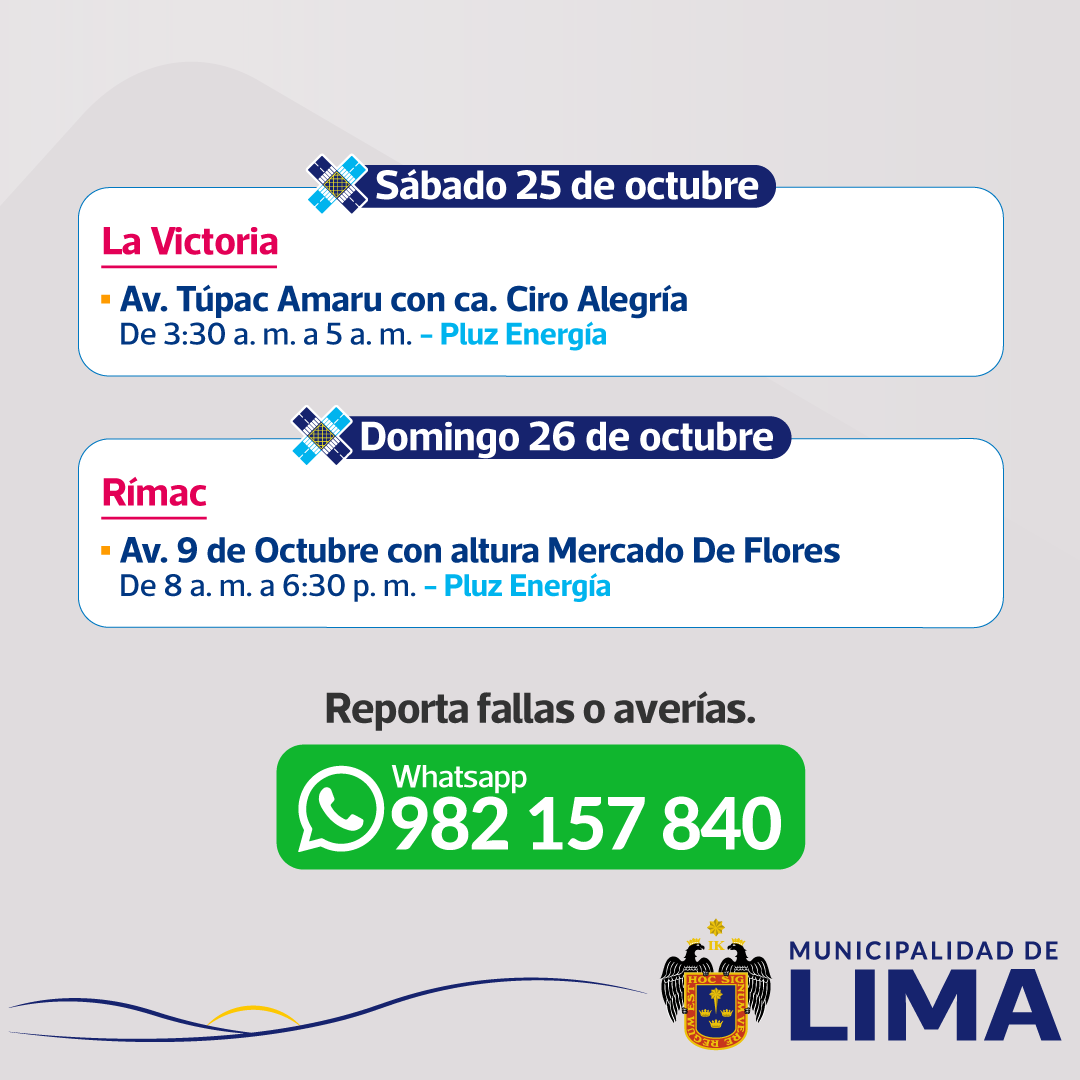 ⚠️ COMUNICADO IMPORTANTE ⚠️

Del 21 al 26 de octubre, se realizarán cortes de energía eléctrica que afectarán el funcionamiento de semáforos en varios distritos de Lima. 🗓

🙏 Planifica tu ruta y extrema precauciones. Reporta incidencias al canal #AlertaSemáforo 📲 982 157 840.