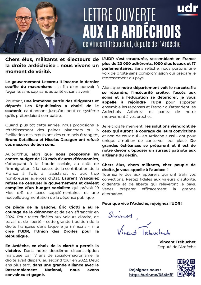 Face aux trahisons des LR et de <a href="/laurentwauquiez/">Laurent Wauquiez</a> , j’appelle tous les Ardéchois de droite à rejoindre le <a href="/partiudr/">UDR</a> .

Dans ma circonscription, l’union nationale a permis la victoire en 2024 après 17 ans de socialo-macronisme.

Avec <a href="/eciotti/">Eric Ciotti</a> , rejoignez-nous pour bâtir