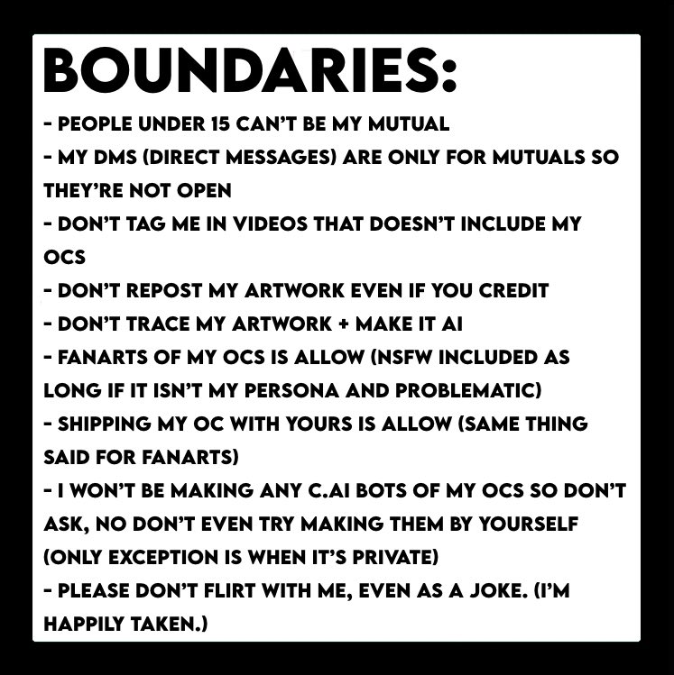 strawbatrries's tweet image. Intro + boundaries updated! ‼️ If you break any of them I’ll ask you to stop. If you refuse to stop I won’t hesitate to block you. ‼️
#introduction #multifandom #boundaries #sonicthehedgehog #welcomehomearg