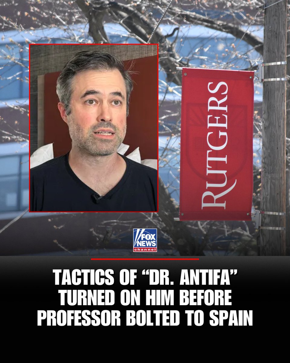 FoxNews's tweet image. HISTORY LESSON: A Rutgers University professor nicknamed “Dr. Antifa" fled the U.S. for Spain after saying his home address had been doxxed, and his family threatened.
Mark Bray said doxxing prompted him to move overseas — despite portraying doxxing as a legitimate tactic…