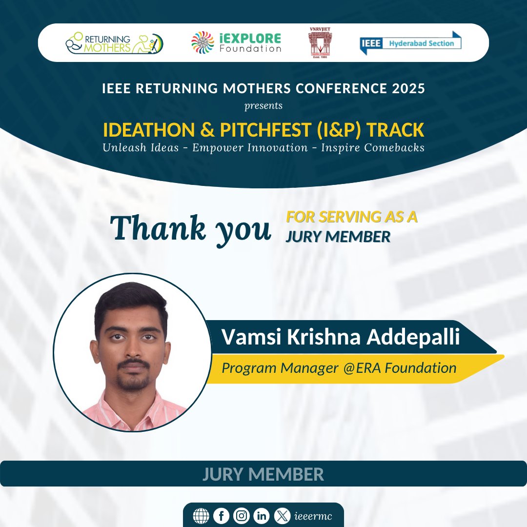 Honoring our esteemed Jury Member ✨
We extend our heartfelt gratitude to all the Jury Members of the Ideathon &amp; Pitchfest (I&amp;P) Track at the IEEE Returning Mothers Conference 2025 💡
#IEEE #ReturningMothers #IEEERMC2025 #Ideathon