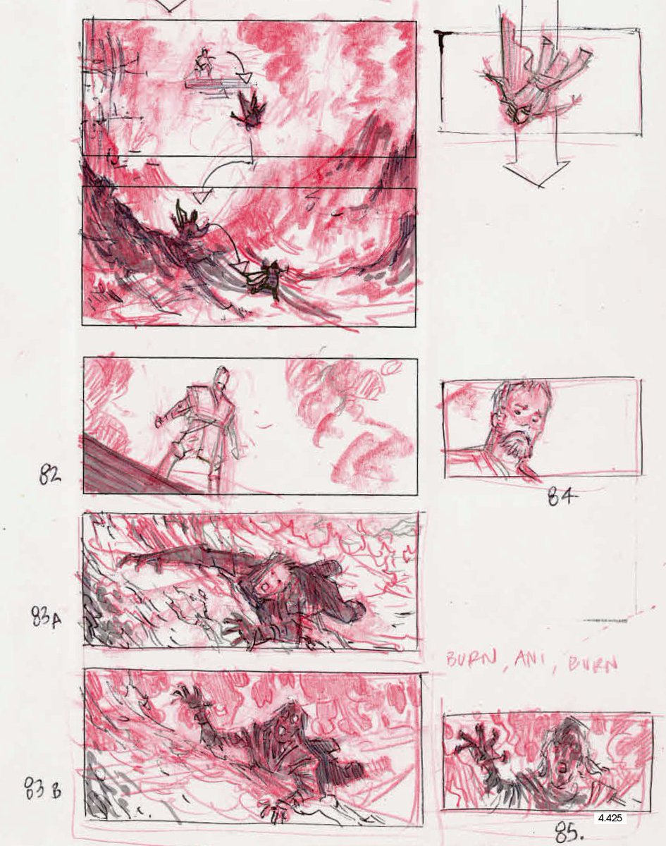 kershed's tweet image. Star Wars: Revenge of the Sith: Derek Thompson’s unused storyboard idea where Vader and Obi-Wan duel on a raised platform, Obi-Wan feints, cuts off Vader’s legs, and Vader falls onto the lava beach below. Thompson writes, &quot;Burn, Ani, Burn.&quot;
#StarWarsArchives19992005