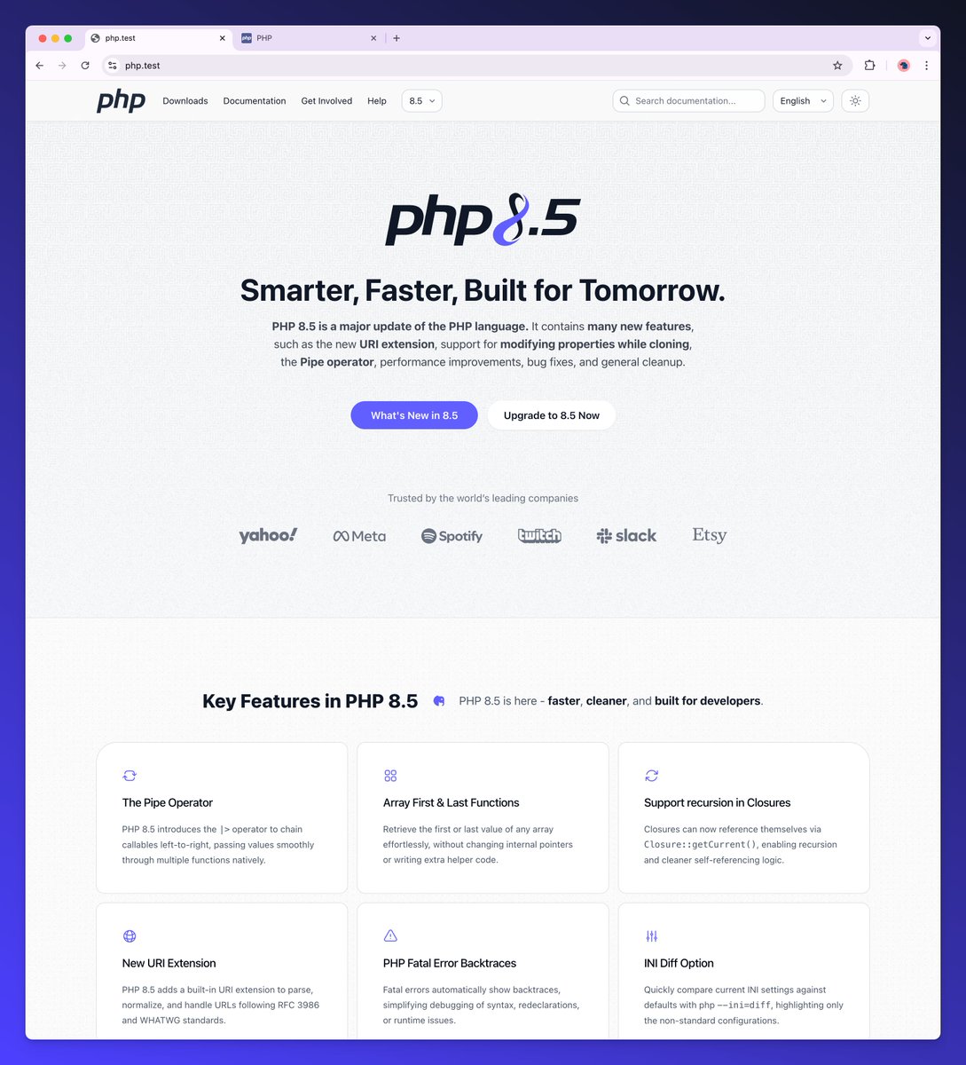 nunowar's tweet image. PHP website UPDATE: removed the "vibe" background for a cleaner and more tech/dev look. Simplicity is the way for the new @official_php site. What do you think? #buildinginpublic
