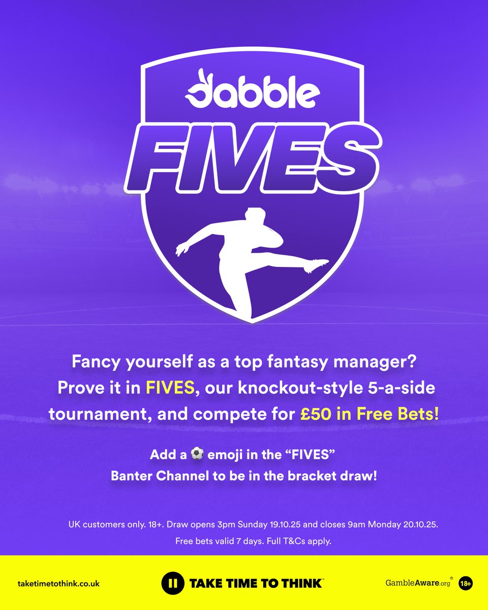 dabblecouk's tweet image. Introducing FIVES... 5️⃣
Join the Banter Chat today and submit to be in the draw for Dabble's FIRST EVER FIVES competition! ⚽️
Drop a ⚽️ in the FIVES channel to enter the draw, and you could enter a Fantasy Knockout Bracket to battle it out for £50 in Free Bets 💰
Enter Now!