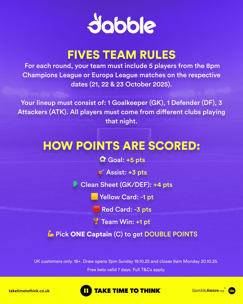 dabblecouk's tweet image. Introducing FIVES... 5️⃣
Join the Banter Chat today and submit to be in the draw for Dabble's FIRST EVER FIVES competition! ⚽️
Drop a ⚽️ in the FIVES channel to enter the draw, and you could enter a Fantasy Knockout Bracket to battle it out for £50 in Free Bets 💰
Enter Now!