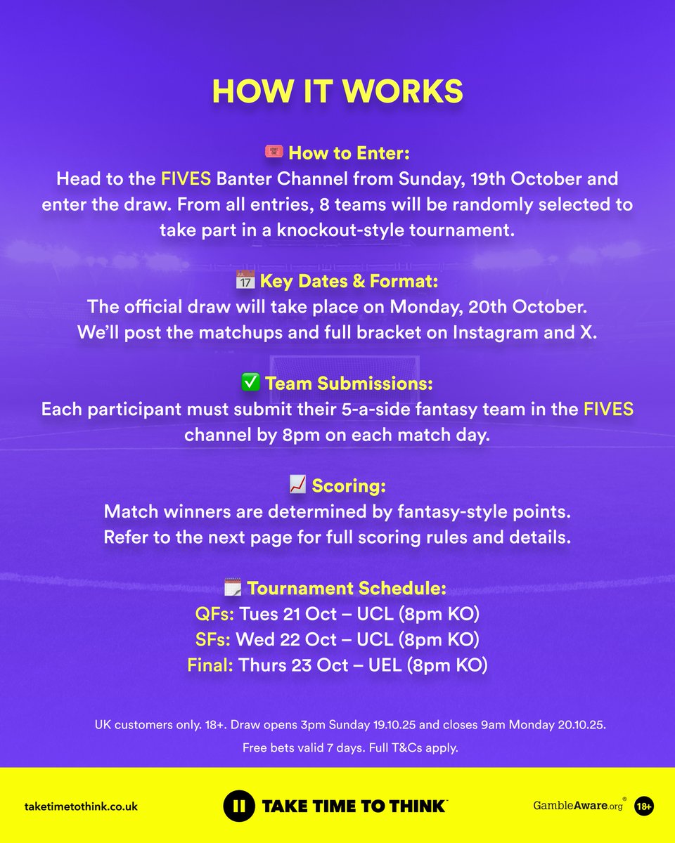 dabblecouk's tweet image. Introducing FIVES... 5️⃣
Join the Banter Chat today and submit to be in the draw for Dabble's FIRST EVER FIVES competition! ⚽️
Drop a ⚽️ in the FIVES channel to enter the draw, and you could enter a Fantasy Knockout Bracket to battle it out for £50 in Free Bets 💰
Enter Now!