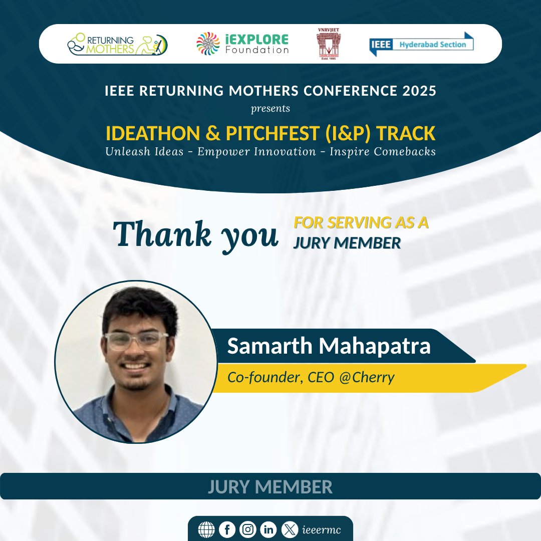 Honoring our esteemed Jury Member ✨
We extend our heartfelt gratitude to all the Jury Members of the Ideathon &amp; Pitchfest (I&amp;P) Track at the IEEE Returning Mothers Conference 2025 💡
#IEEE #ReturningMothers #IEEERMC2025 #Ideathon #Pitchfest #WomenInTech #IEEEHyderabadSection