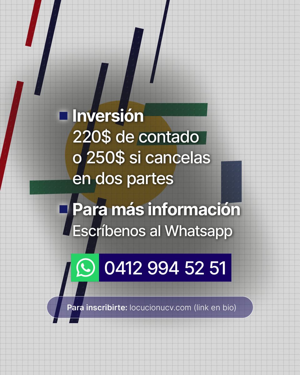 Próximo curso de sábados y domingos
🗓️8 fines de semana y medio
➡️Del 18 de octubre al 20 de diciembre
⌚Sábados y domingos de 8 am a 1 pm 
💻Clases virtuales en vivo a través de Zoom y Canvas
💲220$ de contado o 250$ si cancelas por partes
Inscríbete: locucionucv.com